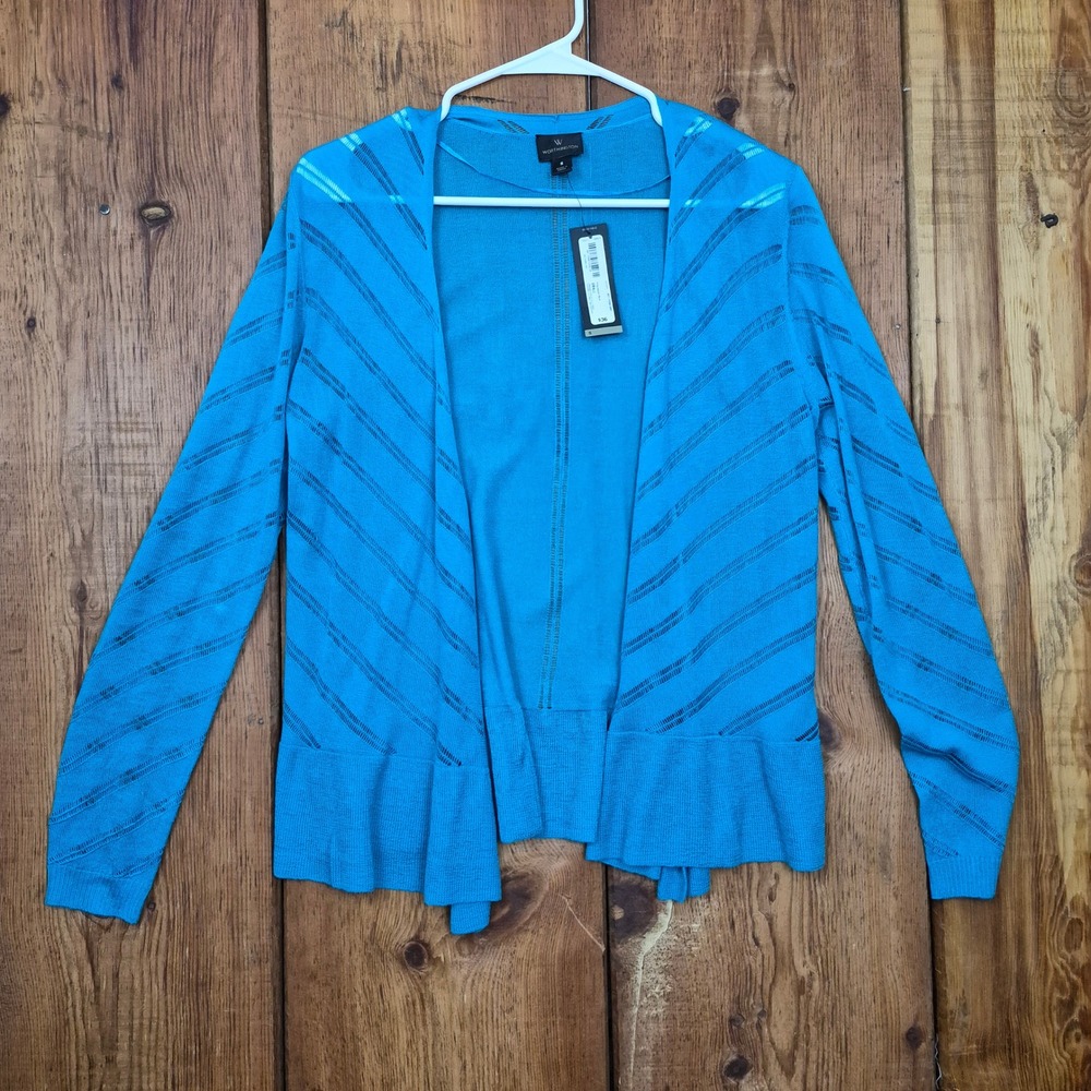 NWT Worthington Polynesian Blue Pointelle Open Front Cardigan Sweater Small